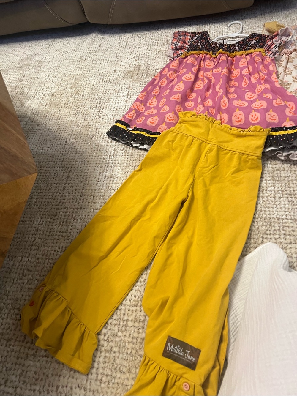 Matilda Jane Pink Jack-O-Jubilee Pumpkin Smocked Top with Yellow Legging 8